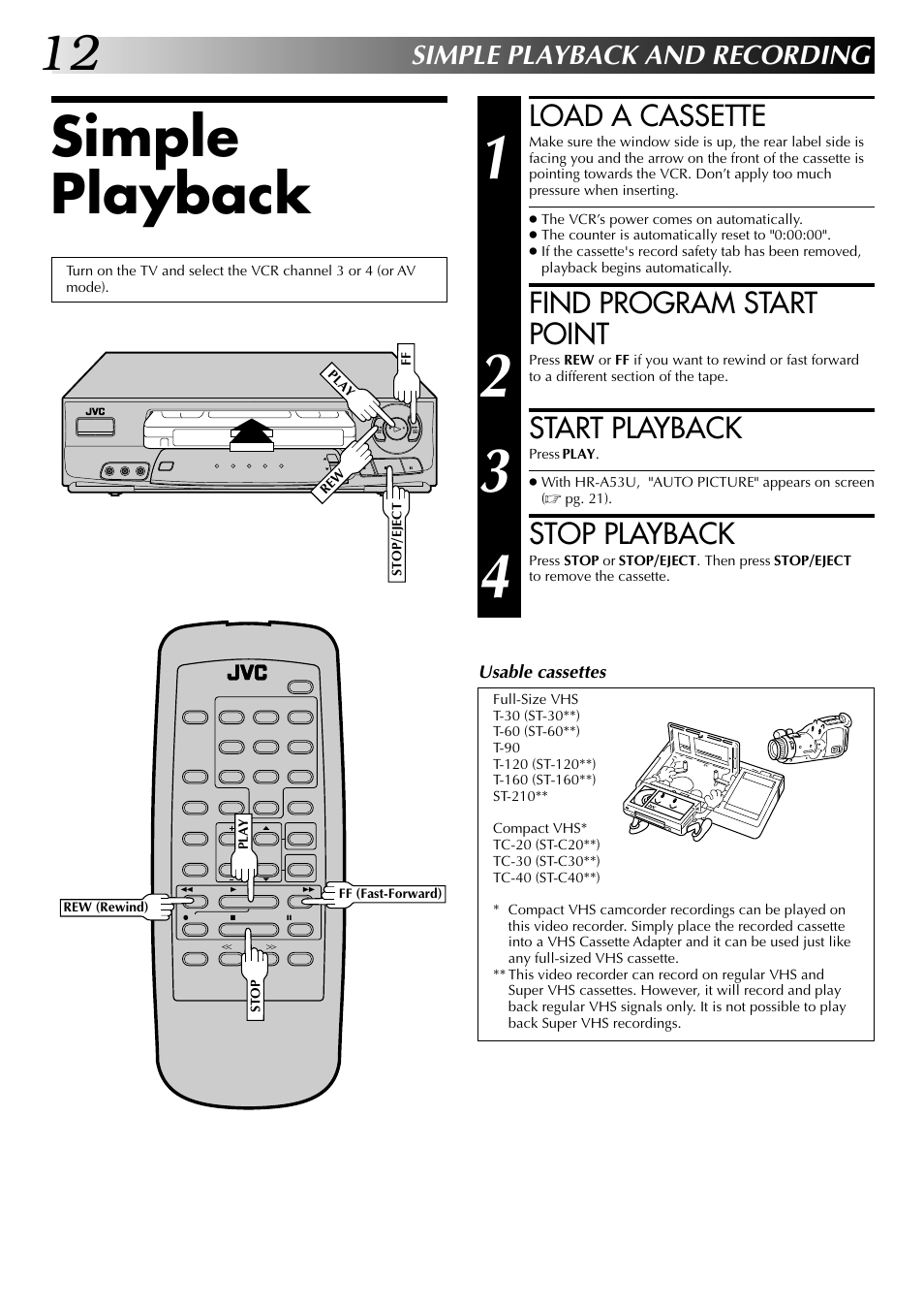 Simple playback, Load a cassette, Find program start point | Start playback, Stop playback, Simple playback and recording | JVC HR-A53U User Manual | Page 12 / 40