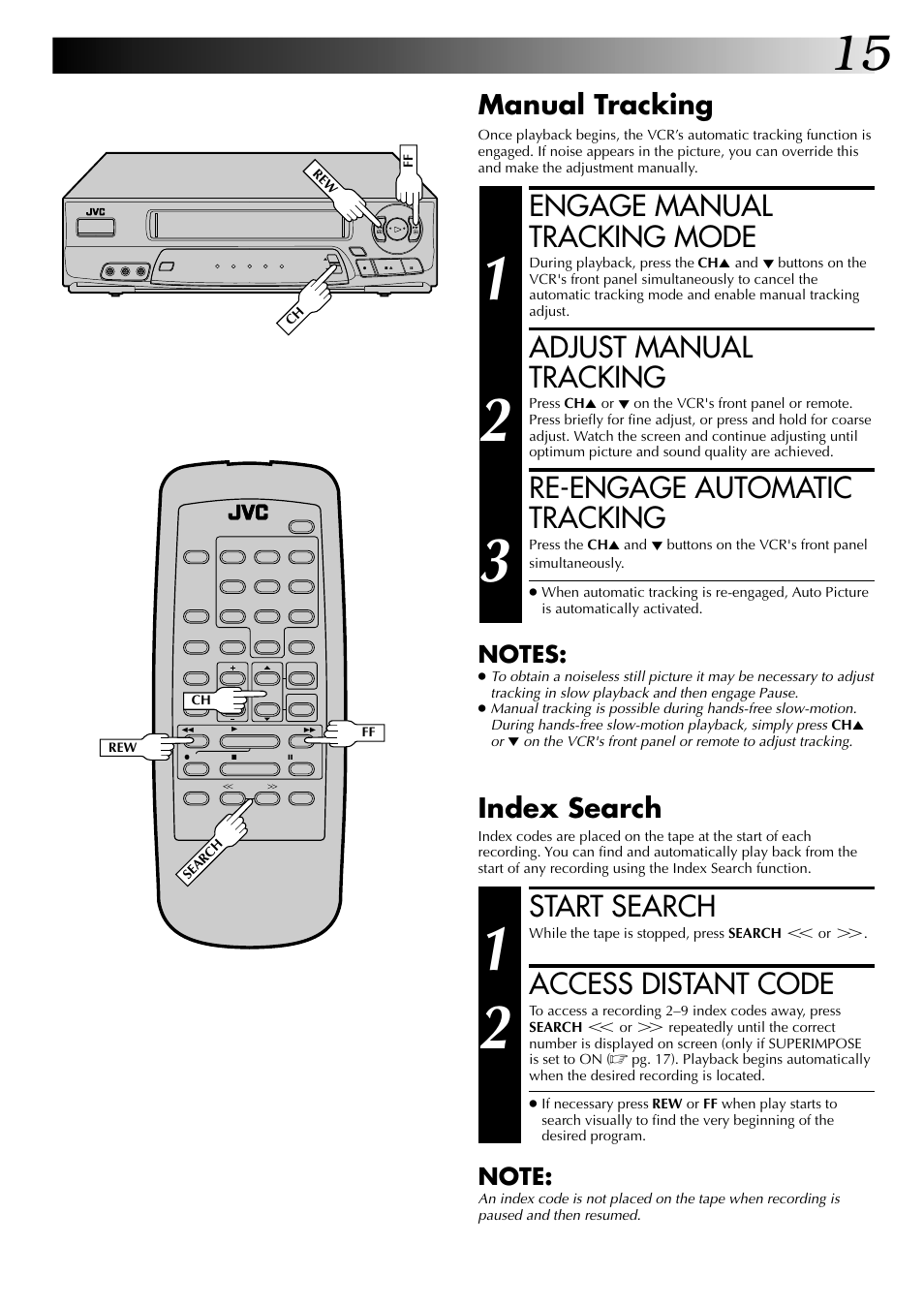 Engage manual tracking mode, Adjust manual tracking, Re-engage automatic tracking | Start search, Access distant code, Manual tracking, Index search | JVC HR-A53U User Manual | Page 15 / 40