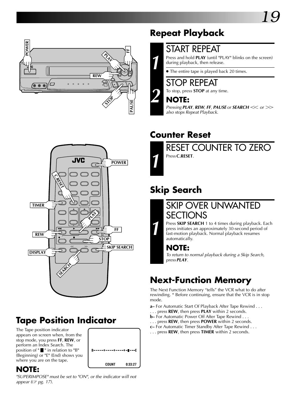 Start repeat, Stop repeat, Reset counter to zero | Repeat playback, Counter reset, Skip search, Tape position indicator | JVC HR-A53U User Manual | Page 19 / 40