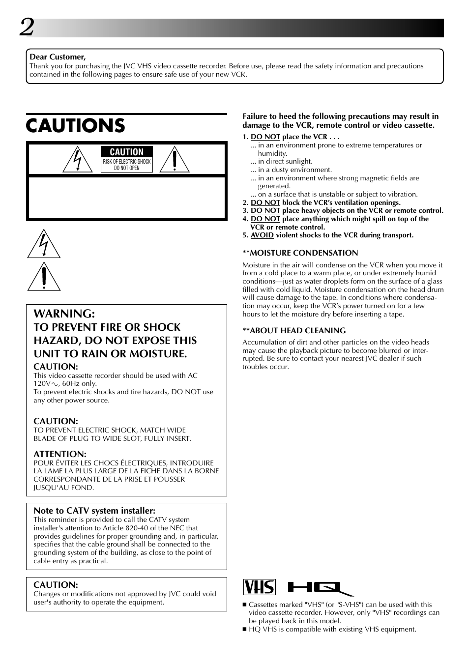 Cautions, Warning | JVC HR-A53U User Manual | Page 2 / 40