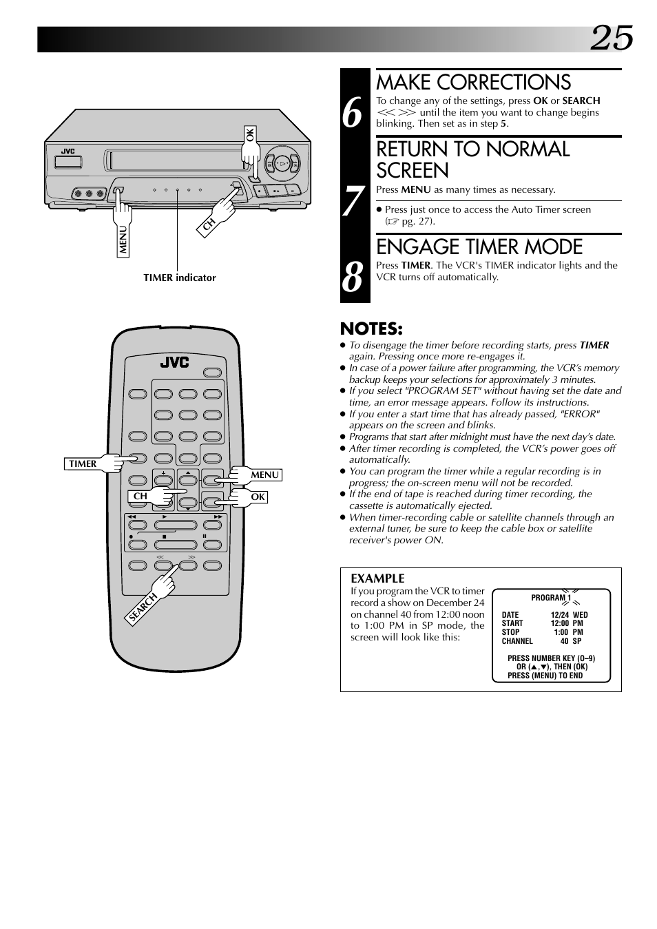 Make corrections, Return to normal screen, Engage timer mode | JVC HR-A53U User Manual | Page 25 / 40