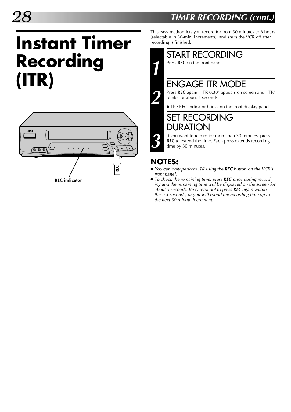 Instant timer recording (itr), Start recording, Engage itr mode | Set recording duration | JVC HR-A53U User Manual | Page 28 / 40
