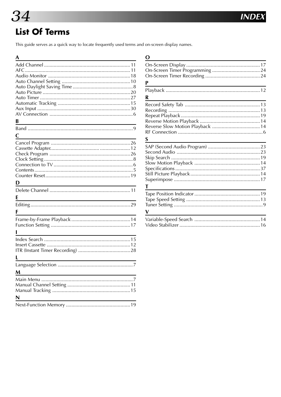 Index, List of terms | JVC HR-A53U User Manual | Page 34 / 40