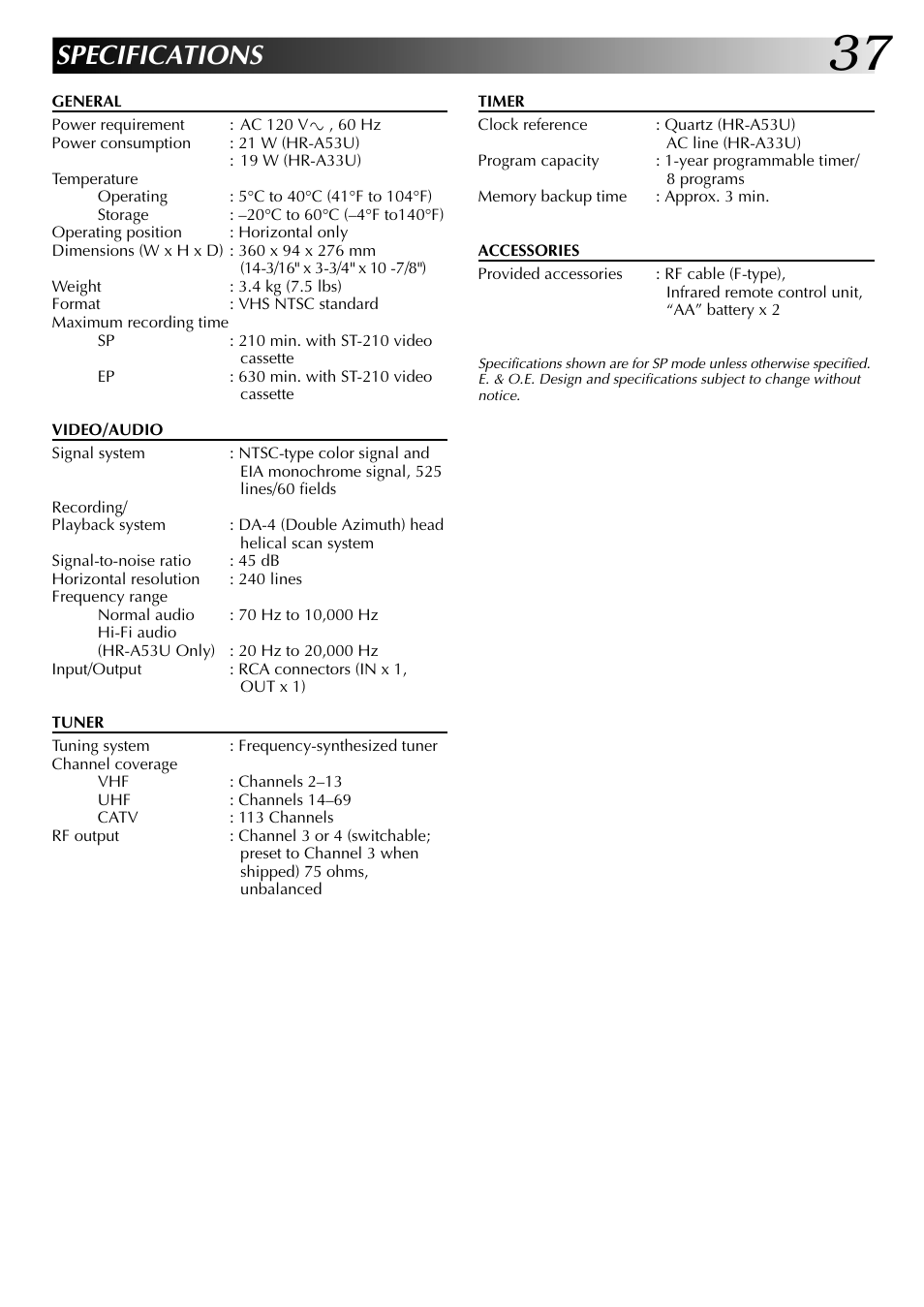 Specifications | JVC HR-A53U User Manual | Page 37 / 40