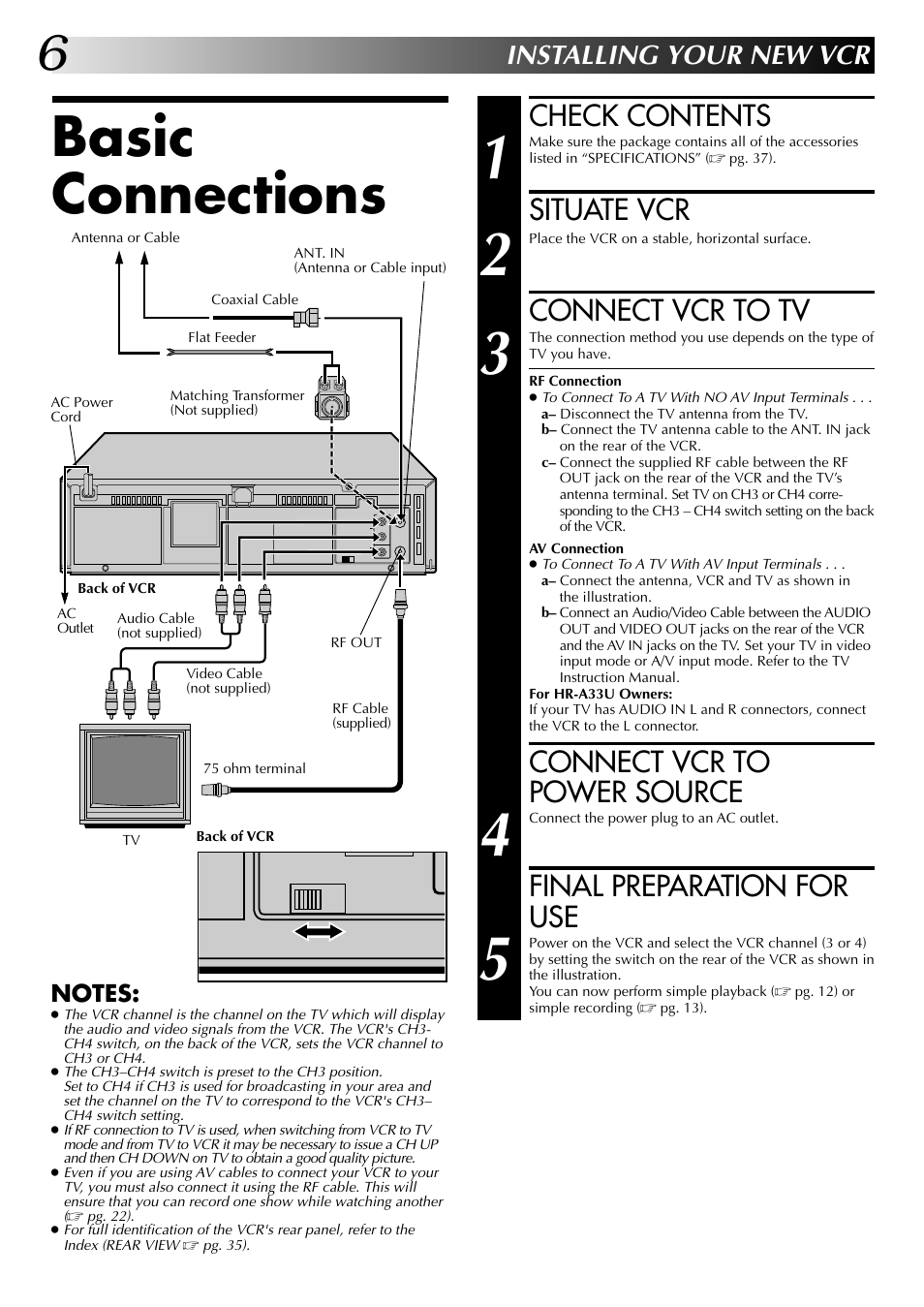 Basic connections, Check contents, Situate vcr | Connect vcr to tv, Connect vcr to power source, Final preparation for use, Installing your new vcr | JVC HR-A53U User Manual | Page 6 / 40