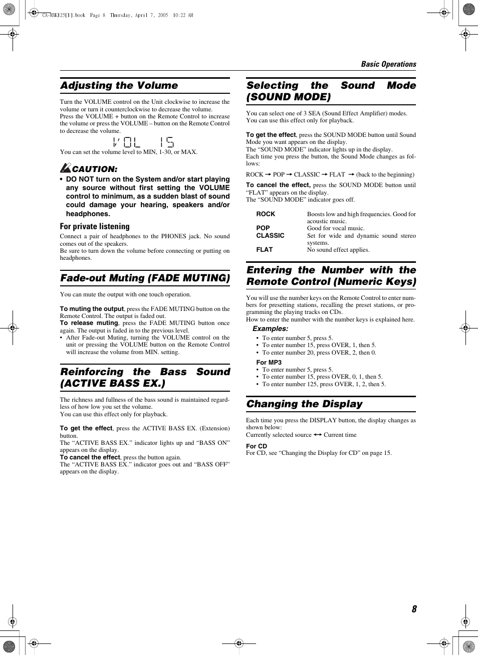 Adjusting the volume, Fade-out muting (fade muting), Reinforcing the bass sound (active bass ex.) | Selecting the sound mode (sound mode), Changing the display | JVC CA-MXKB25 User Manual | Page 11 / 32