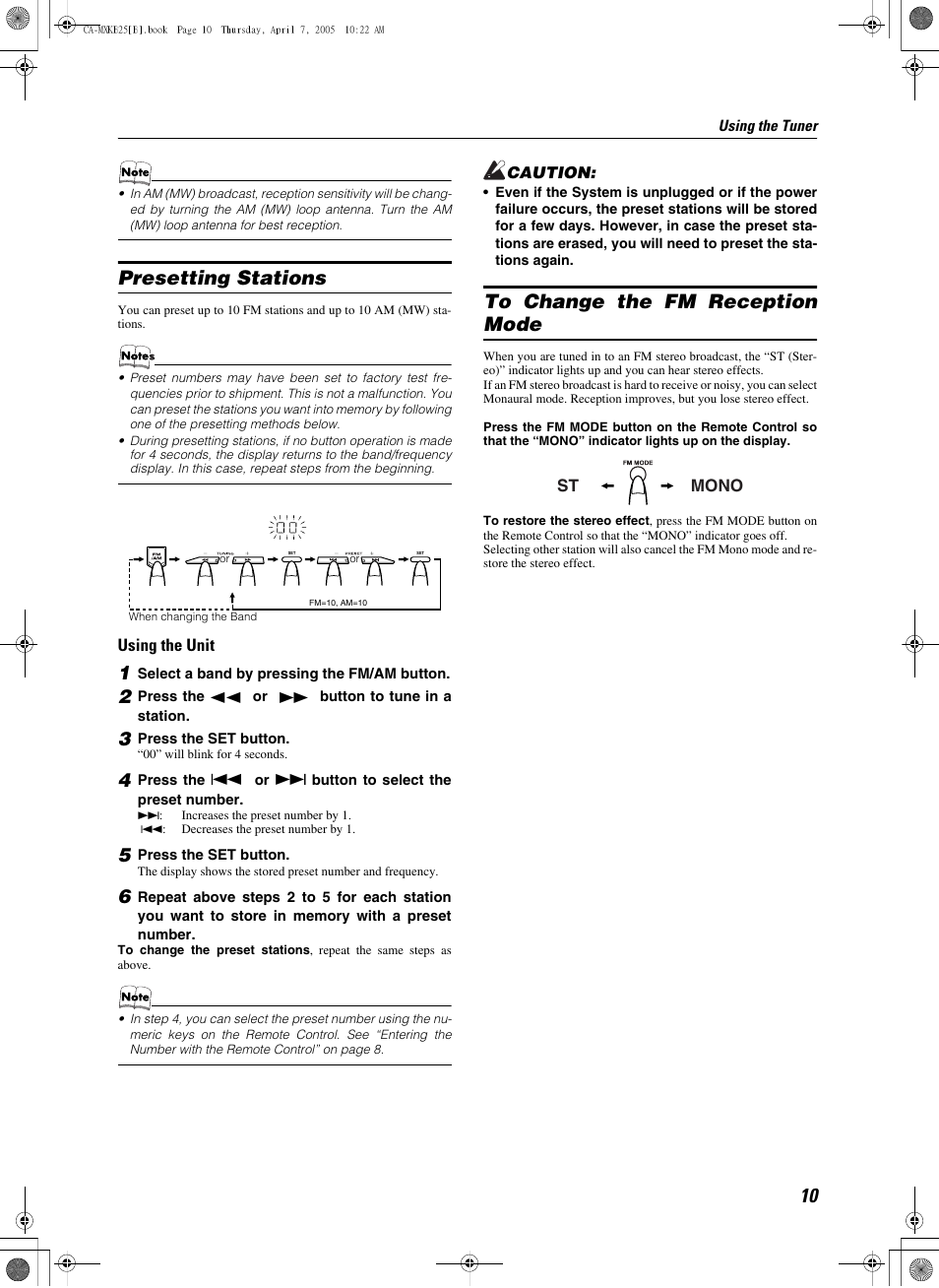 Presetting stations, When changing the band, 1 select a band by pressing the fm/am button | 2 press the 22 or á button to tune in a station, 3 press the set button, 5 press the set button, To change the fm reception mode | JVC CA-MXKB25 User Manual | Page 13 / 32