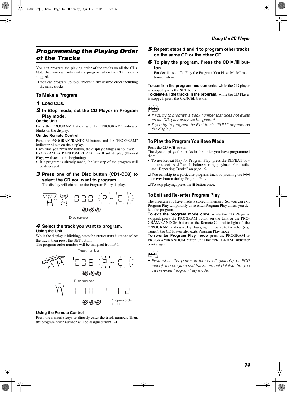 Programming the playing order of the tracks, 1 load cds, Disc number | 4 select the track you want to program, 6 to play the program, press the cd 6 button | JVC CA-MXKB25 User Manual | Page 17 / 32