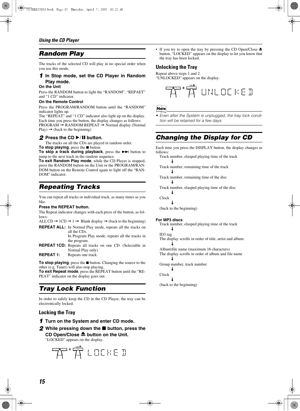 Random play, 2 press the cd 6 button, Repeating tracks | Tray lock function, 1 turn on the system and enter cd mode, Changing the display for cd | JVC CA-MXKB25 User Manual | Page 18 / 32