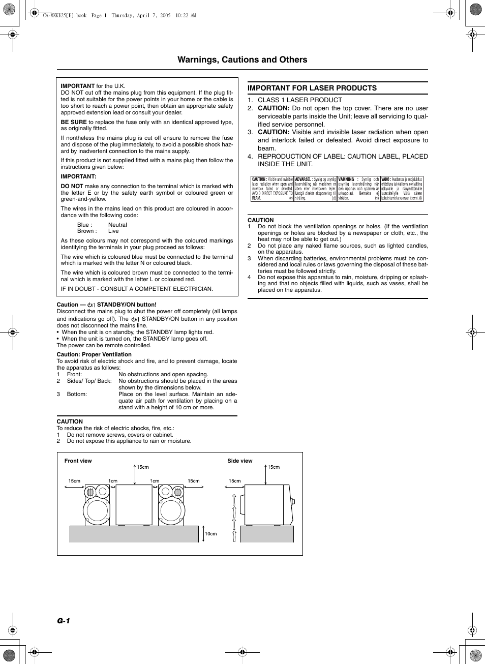 Warnings, cautions and others, Important for the u.k, Important | Caution — standby/on button, Caution: proper ventilation, 1 front: no obstructions and open spacing, Caution, 1 do not remove screws, covers or cabinet, 2 do not expose this appliance to rain or moisture | JVC CA-MXKB25 User Manual | Page 2 / 32