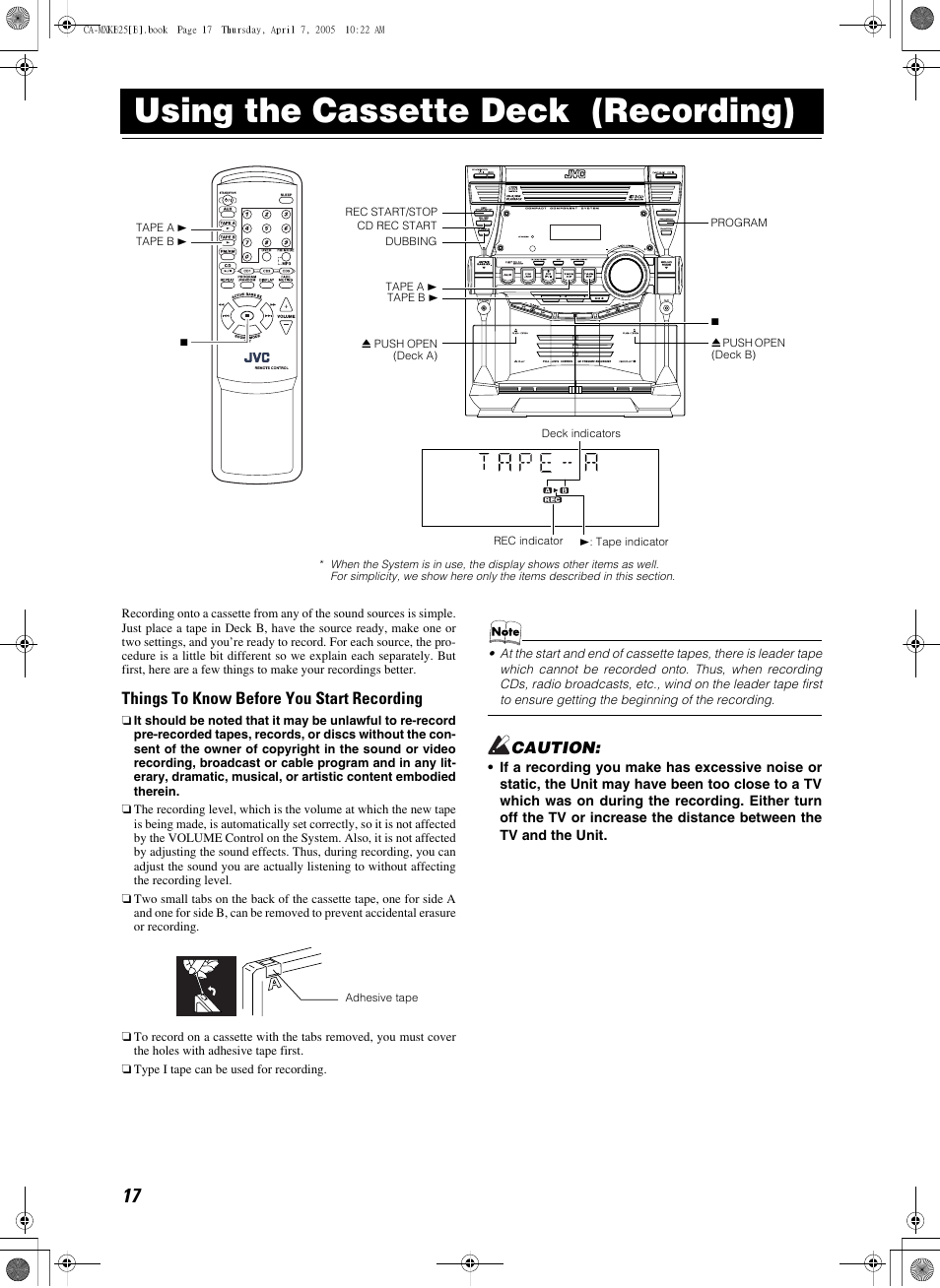 Using the cassette deck (recording), Adhesive tape, Things to know before you start recording | Caution | JVC CA-MXKB25 User Manual | Page 20 / 32