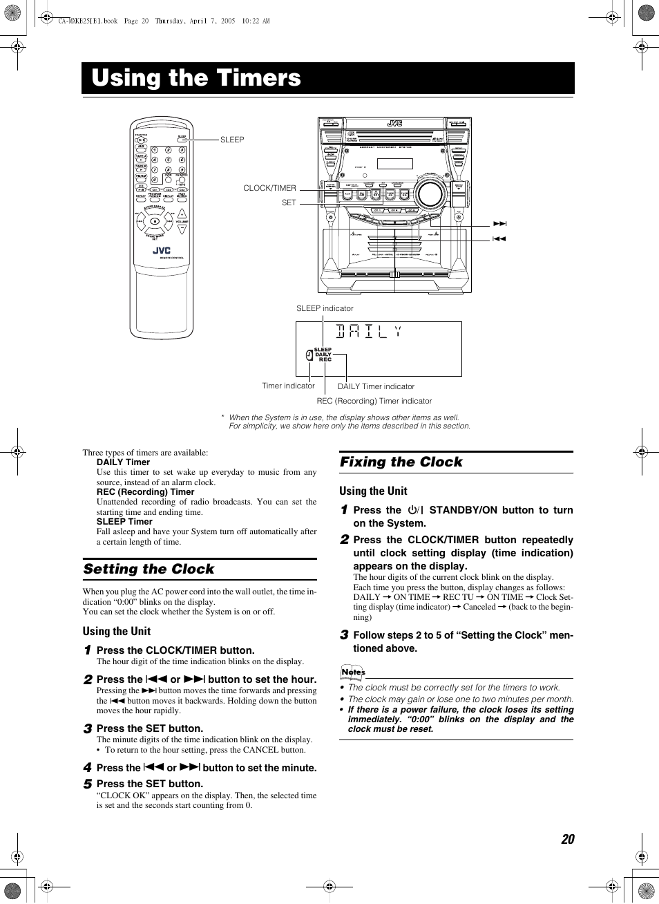 Using the timers, Setting the clock, 1 press the clock/timer button | 2 press the 4 or ¢ button to set the hour, 3 press the set button, 4 press the 4 or ¢ button to set the minute, 5 press the set button, Fixing the clock, Setting the clock fixing the clock | JVC CA-MXKB25 User Manual | Page 23 / 32