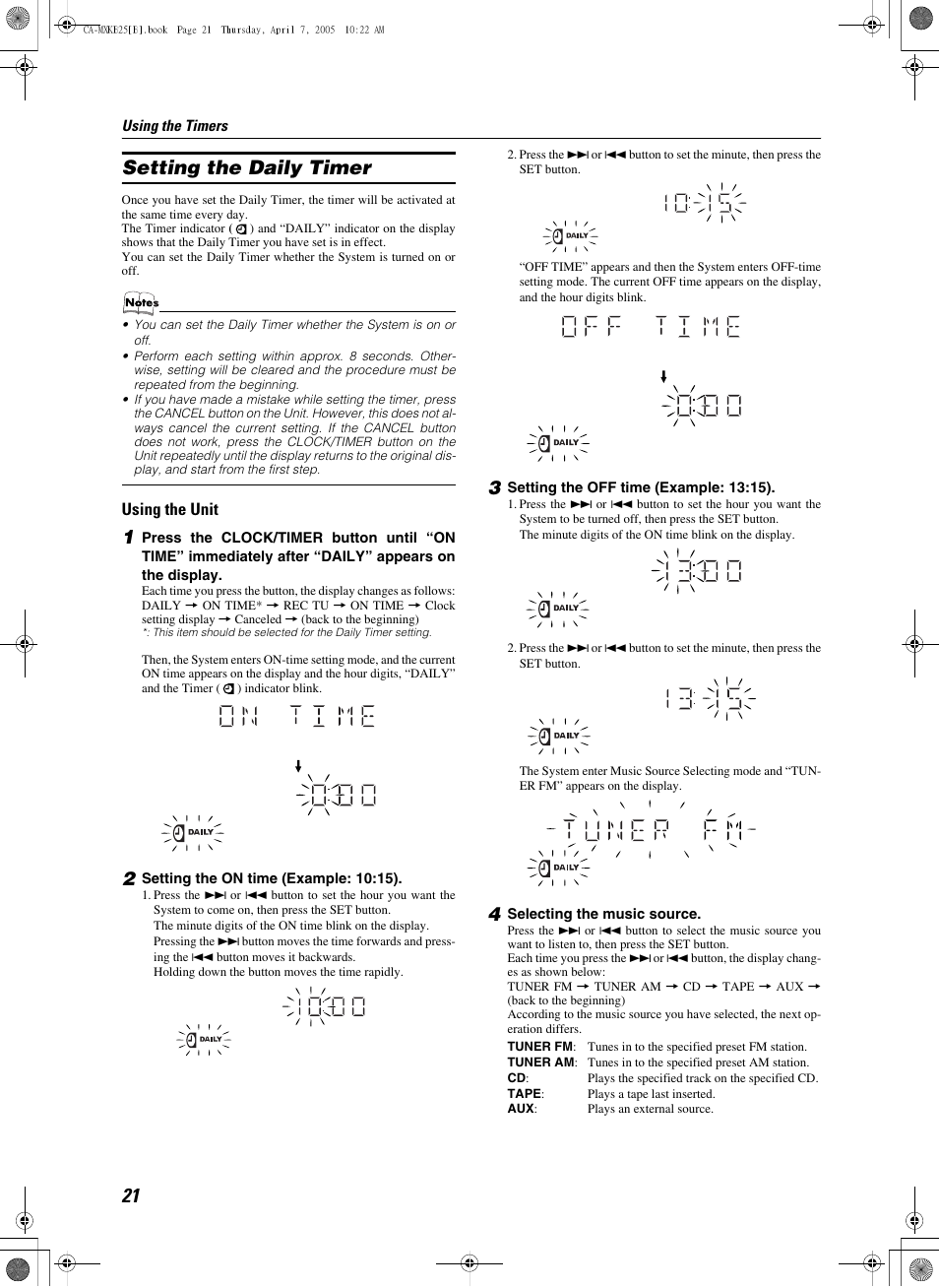 Setting the daily timer, 2 setting the on time (example: 10:15), 3 setting the off time (example: 13:15) | 4 selecting the music source, Using the unit | JVC CA-MXKB25 User Manual | Page 24 / 32
