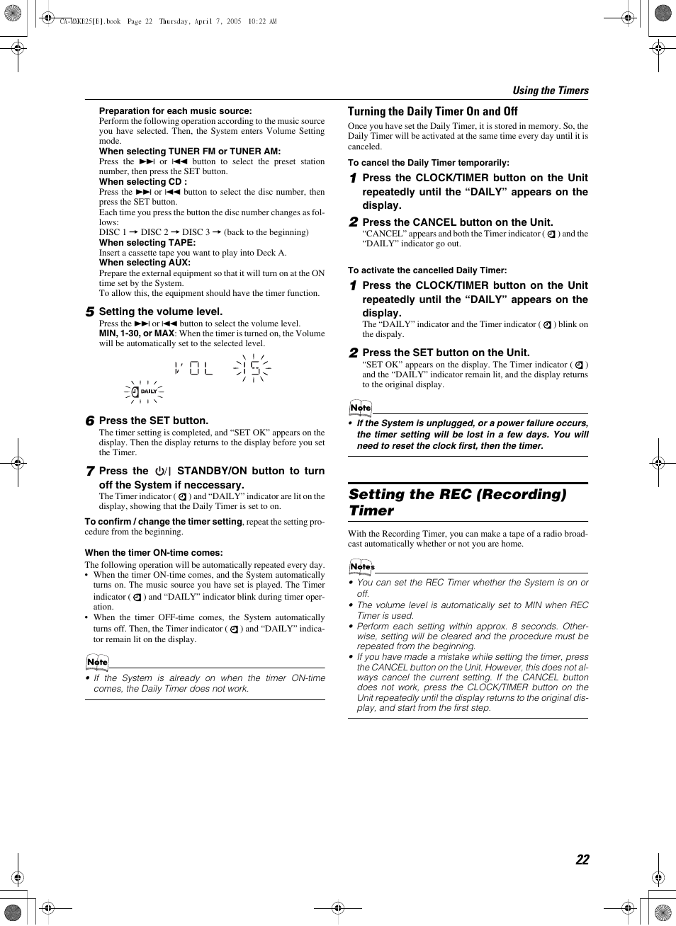 5 setting the volume level, 6 press the set button, 2 press the cancel button on the unit | 2 press the set button on the unit, Setting the rec (recording) timer, Turning the daily timer on and off | JVC CA-MXKB25 User Manual | Page 25 / 32