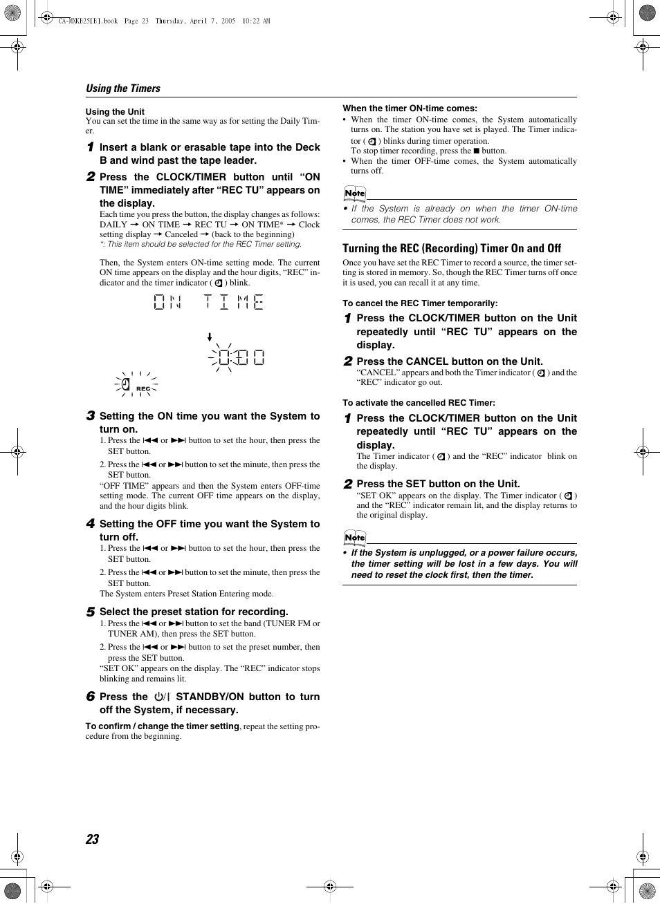 5 select the preset station for recording, 2 press the cancel button on the unit, 2 press the set button on the unit | Turning the rec (recording) timer on and off | JVC CA-MXKB25 User Manual | Page 26 / 32