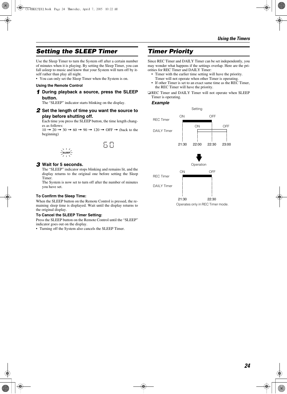 Setting the sleep timer, 1 during playback a source, press the sleep button, 3 wait for 5 seconds | Timer priority, Rec timer, Setting the sleep timer timer priority | JVC CA-MXKB25 User Manual | Page 27 / 32