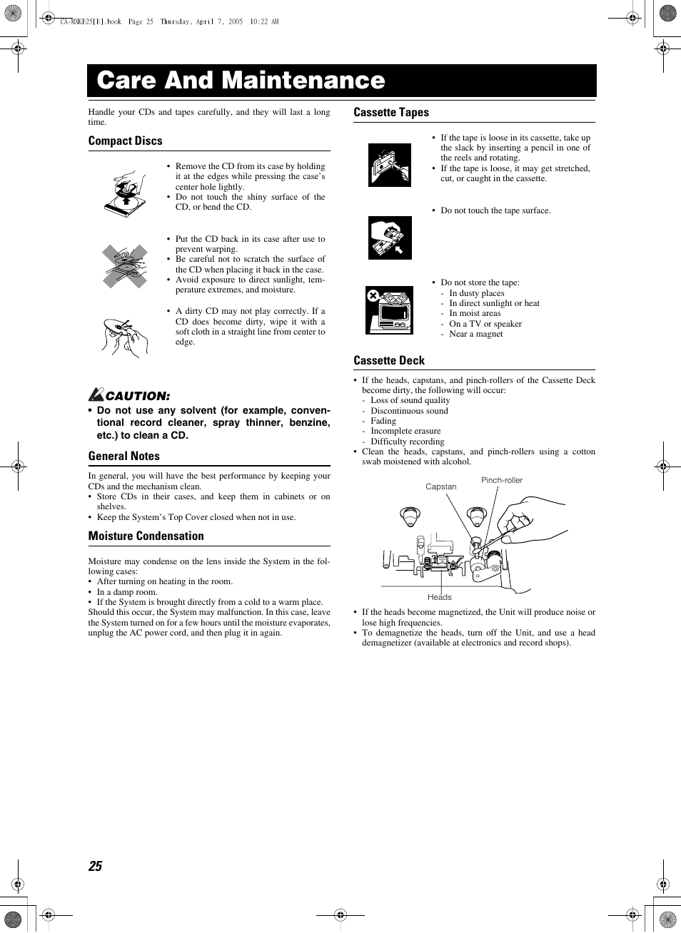 Care and maintenance, Heads, Compact discs | Moisture condensation cassette tapes cassette deck | JVC CA-MXKB25 User Manual | Page 28 / 32