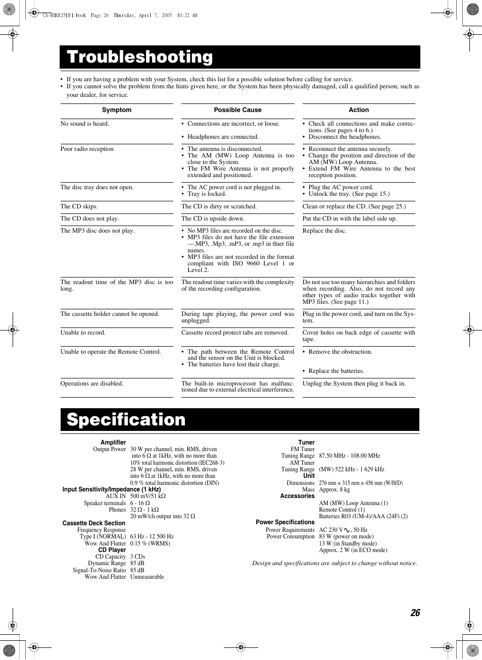 Troubleshooting, Specification, Troubleshooting specification | JVC CA-MXKB25 User Manual | Page 29 / 32