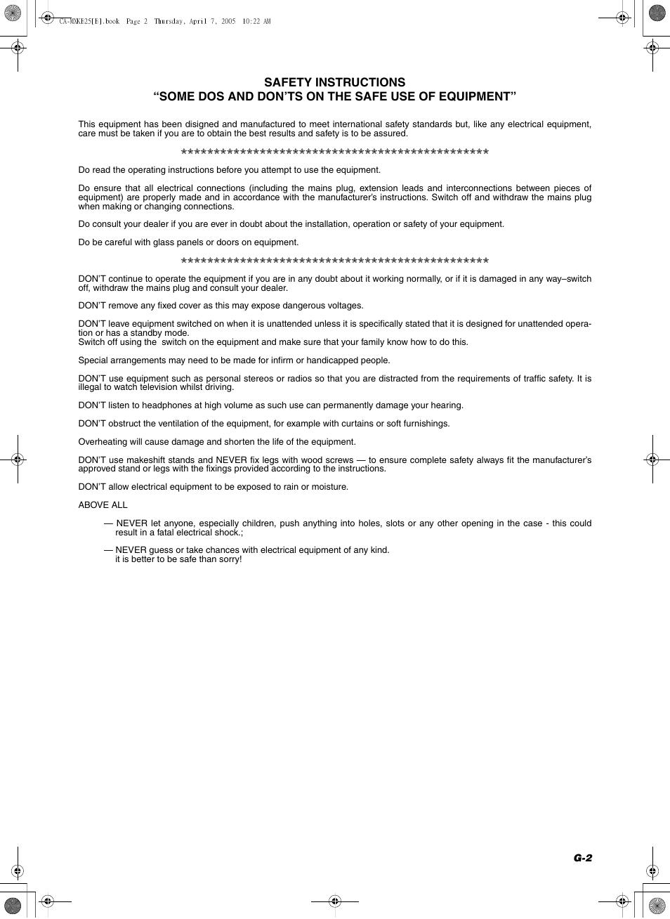 Safety instructions, Some dos and don’ts on the safe use of equipment | JVC CA-MXKB25 User Manual | Page 3 / 32