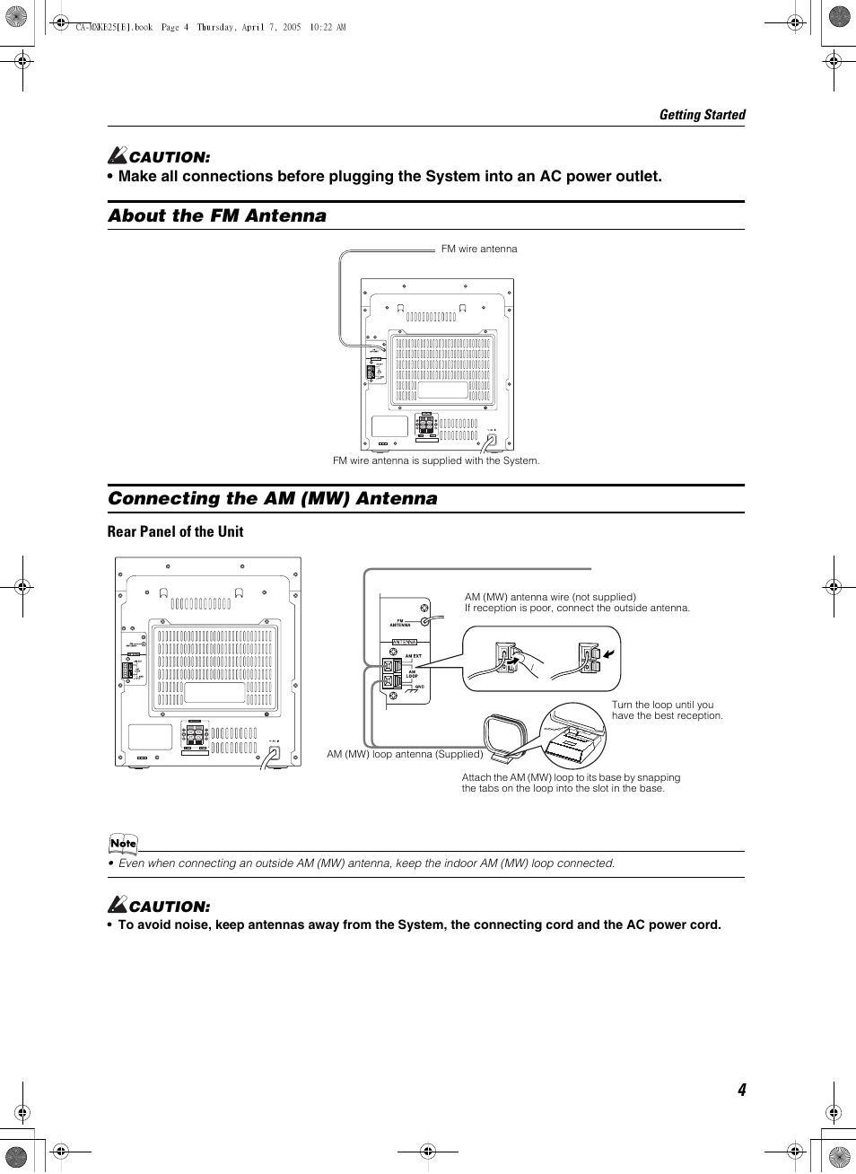 About the fm antenna, Fm wire antenna, Connecting the am (mw) antenna | Rear panel of the unit | JVC CA-MXKB25 User Manual | Page 7 / 32