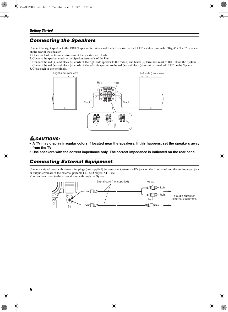 Connecting the speakers, Close each of the terminals, Right side (rear view) | Connecting external equipment, Signal cord (not supplied) | JVC CA-MXKB25 User Manual | Page 8 / 32