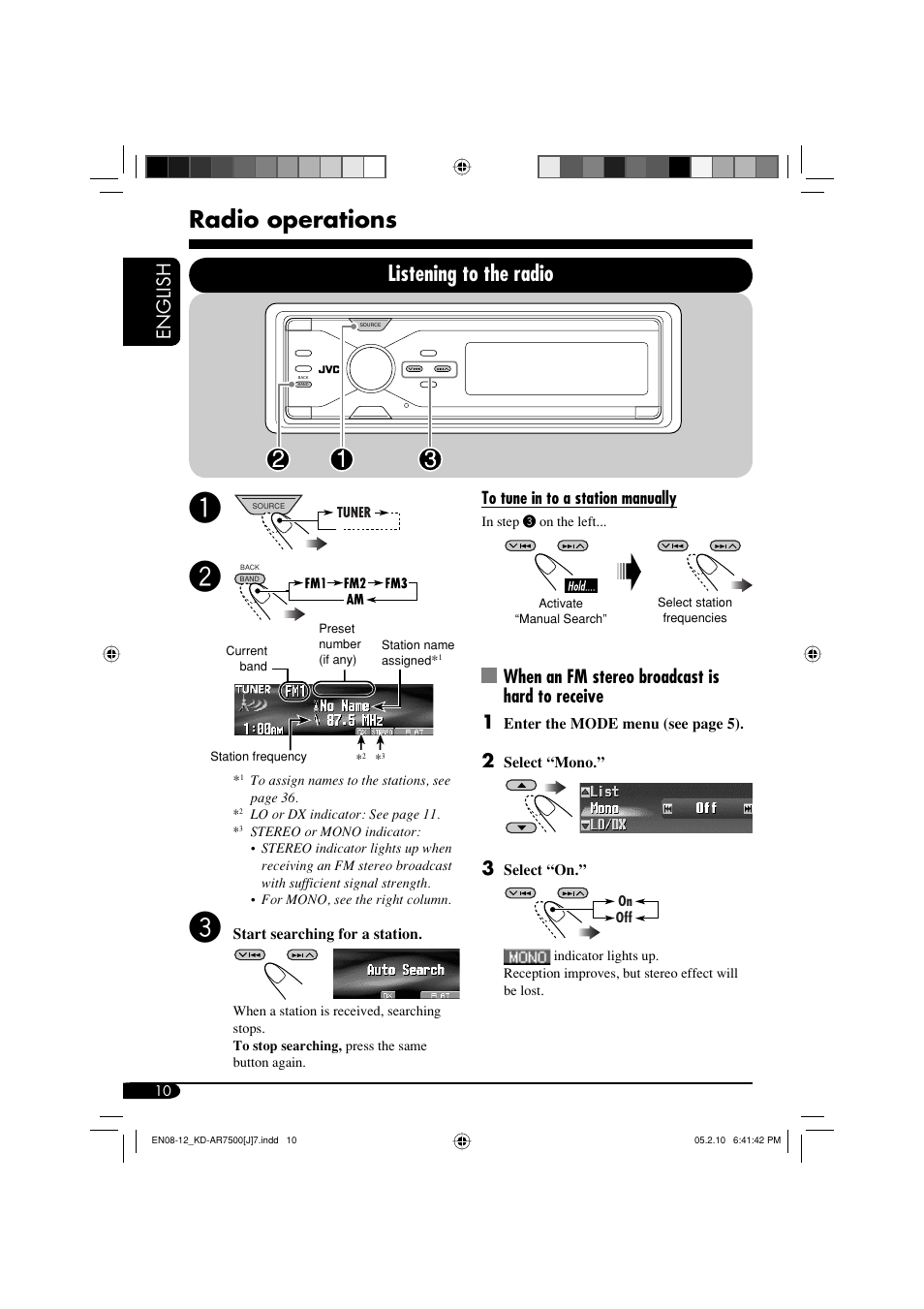 Radio operations, Listening to the radio, English | When an fm stereo broadcast is hard to receive 1 | JVC KD-AR7500 User Manual | Page 10 / 159
