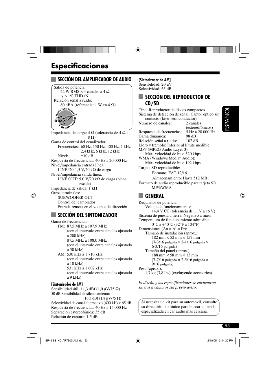 Especificaciones, Esp a ñ ol, Sección del reproductor de cd/sd | General, Sección del amplificador de audio, Sección del sintonizador | JVC KD-AR7500 User Manual | Page 105 / 159