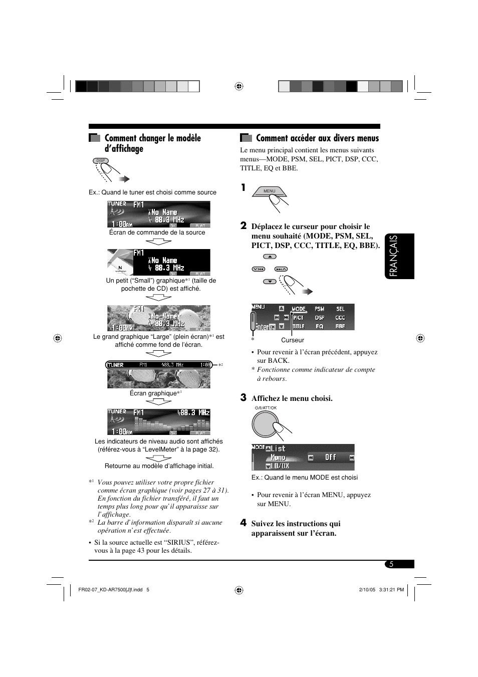 Fran ç ais comment accéder aux divers menus, Comment changer le modèle d’affichage | JVC KD-AR7500 User Manual | Page 109 / 159