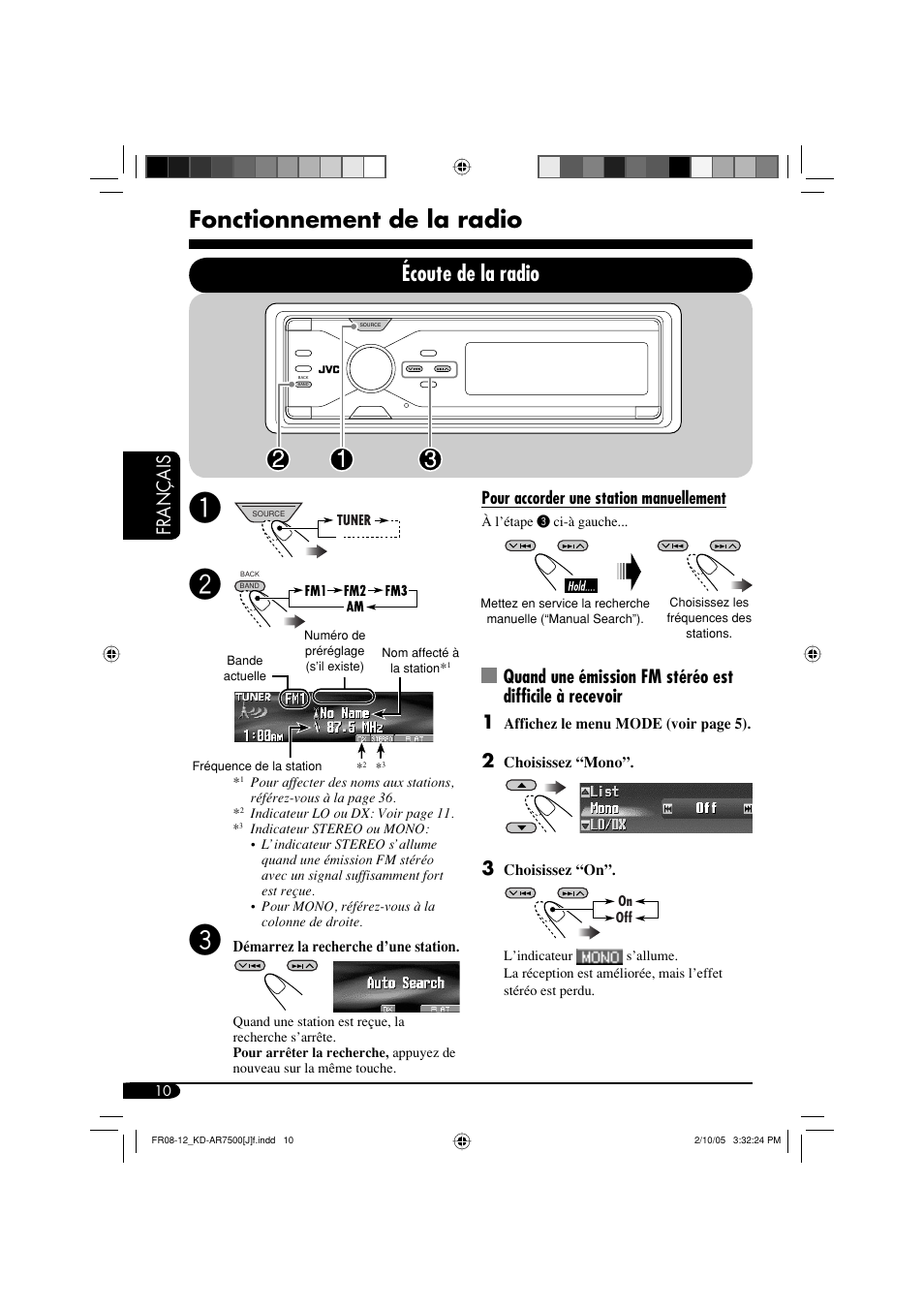Fonctionnement de la radio, Écoute de la radio, Fran ç ais | JVC KD-AR7500 User Manual | Page 114 / 159