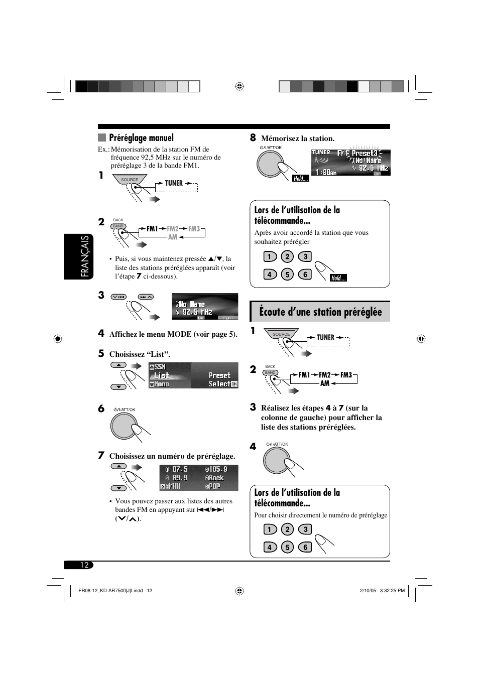 Écoute d’une station préréglée, Fran ç ais préréglage manuel, Lors de l’utilisation de la télécommande | 4lors de l’utilisation de la télécommande | JVC KD-AR7500 User Manual | Page 116 / 159