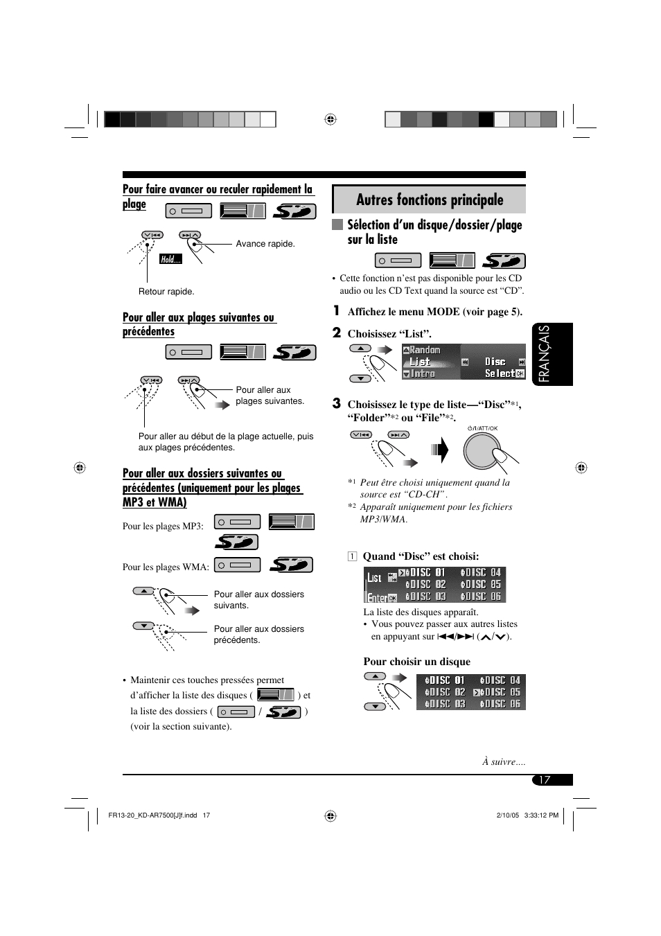 Autres fonctions principale, Fran ç ais, Sélection d’un disque/dossier/plage sur la liste | JVC KD-AR7500 User Manual | Page 121 / 159