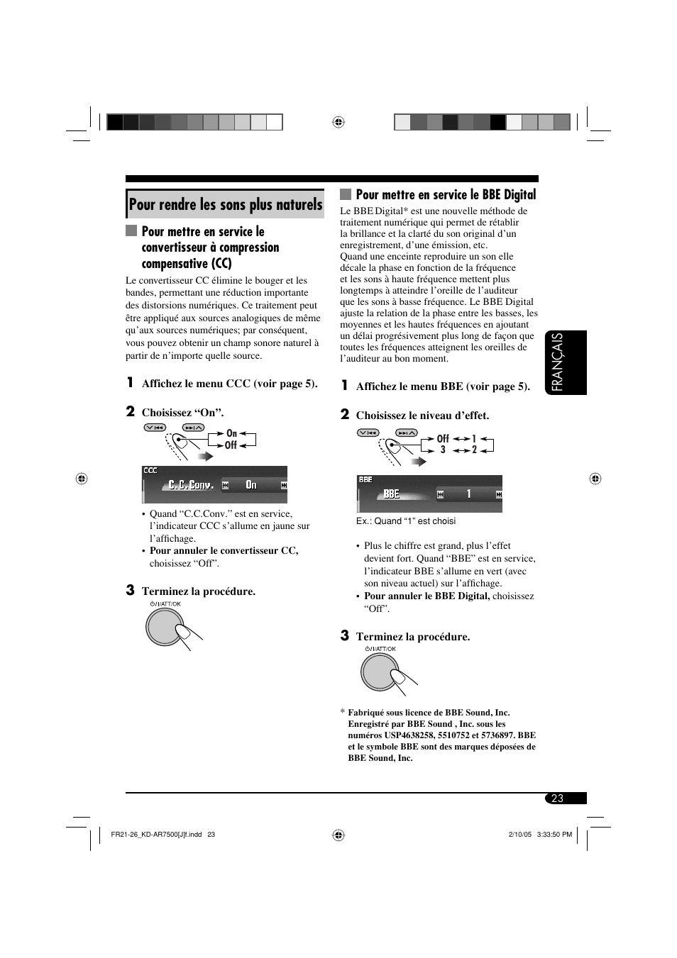 Pour rendre les sons plus naturels, Fran ç ais, Pour mettre en service le bbe digital | JVC KD-AR7500 User Manual | Page 127 / 159