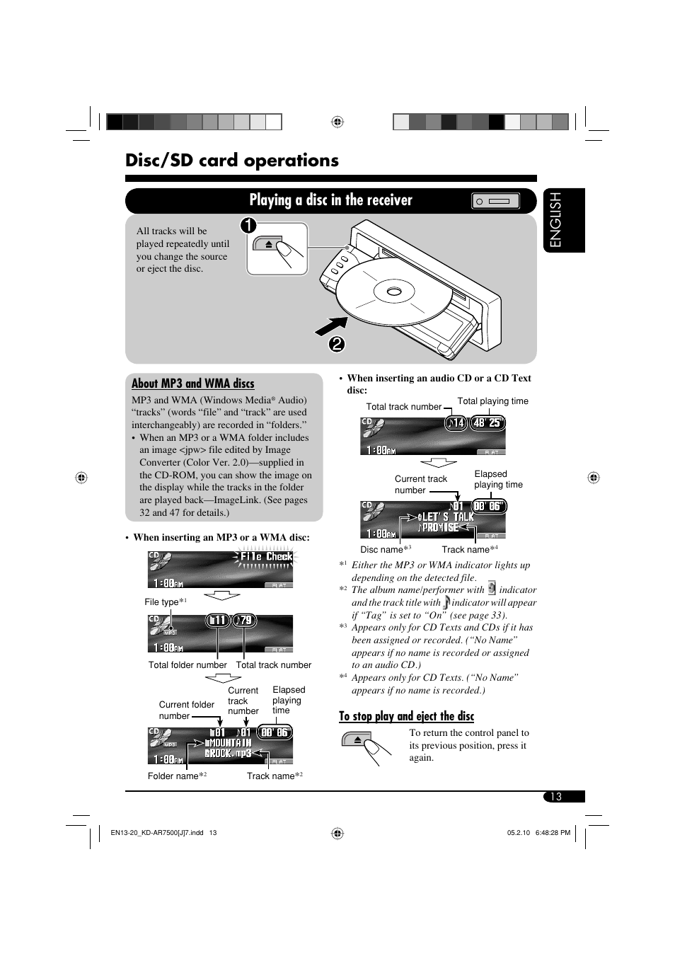 Disc/sd card operations, Playing a disc in the receiver, English | About mp3 and wma discs | JVC KD-AR7500 User Manual | Page 13 / 159
