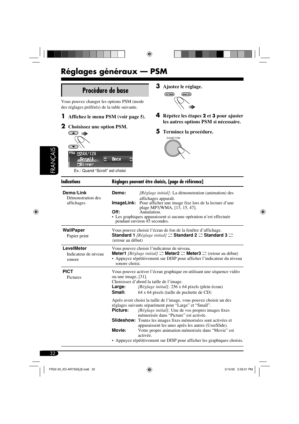 Réglages généraux — psm, Procédure de base, Français 3 | JVC KD-AR7500 User Manual | Page 136 / 159