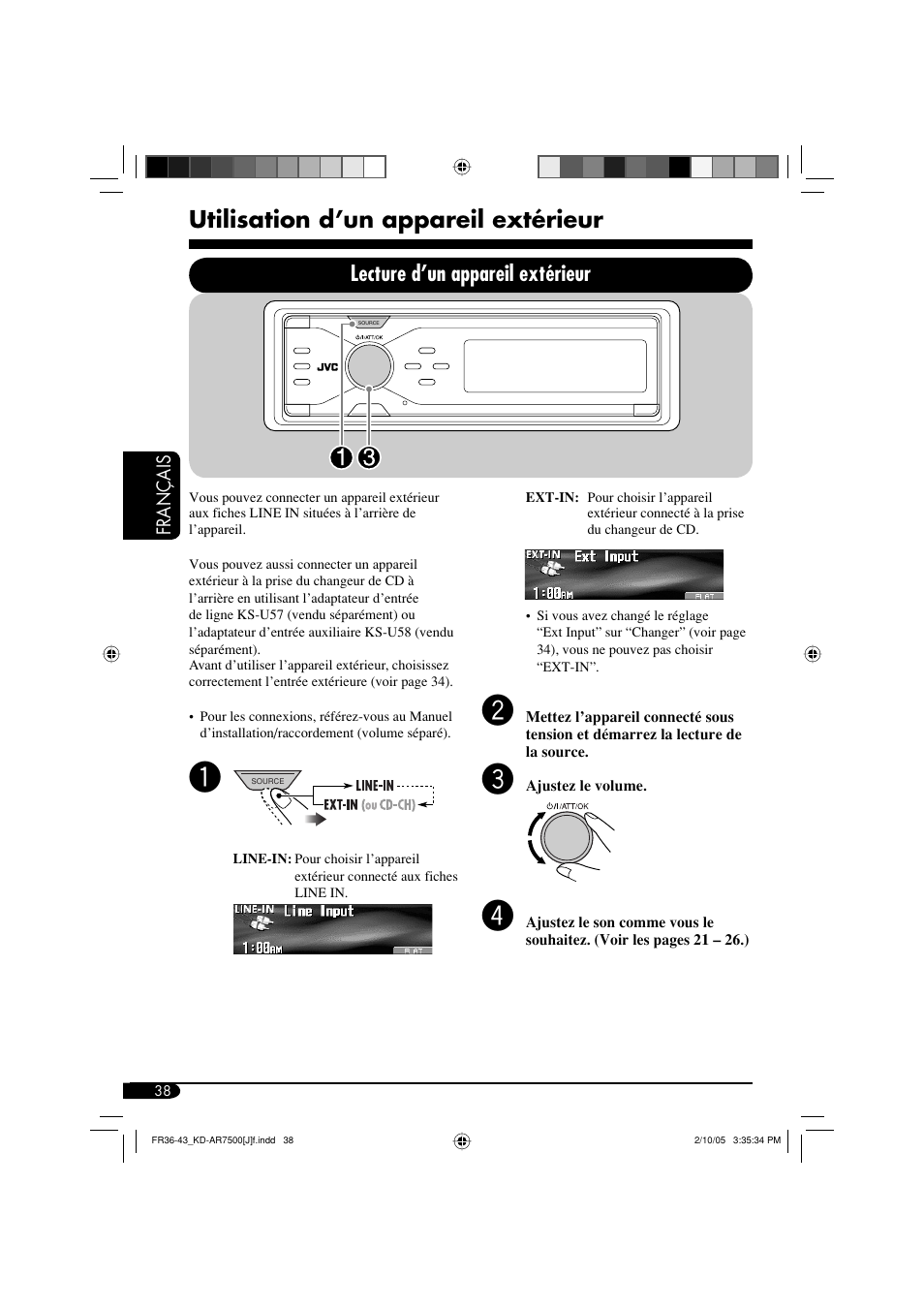Utilisation d’un appareil extérieur, Lecture d’un appareil extérieur | JVC KD-AR7500 User Manual | Page 142 / 159