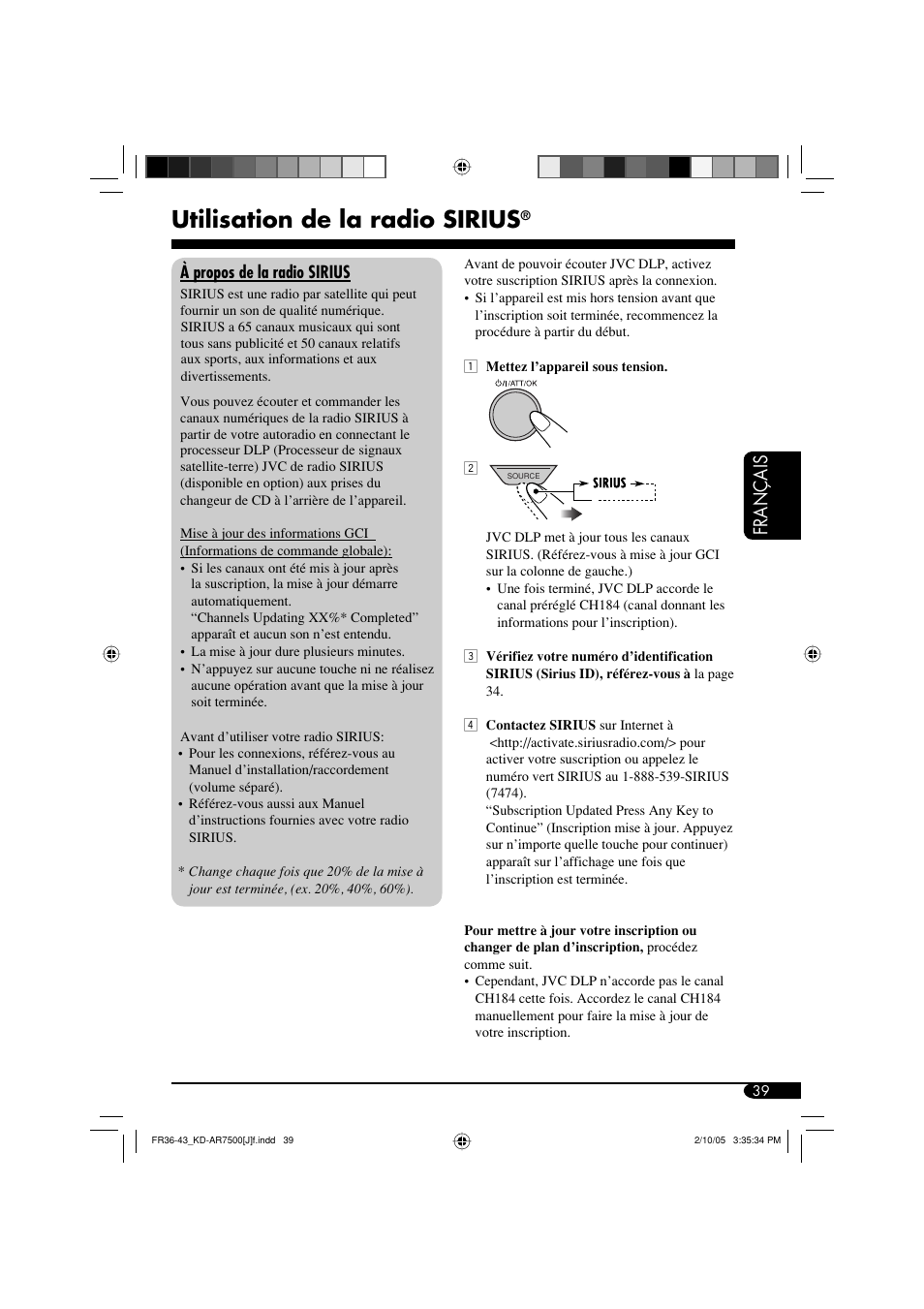 Utilisation de la radio sirius, Fran ç ais | JVC KD-AR7500 User Manual | Page 143 / 159