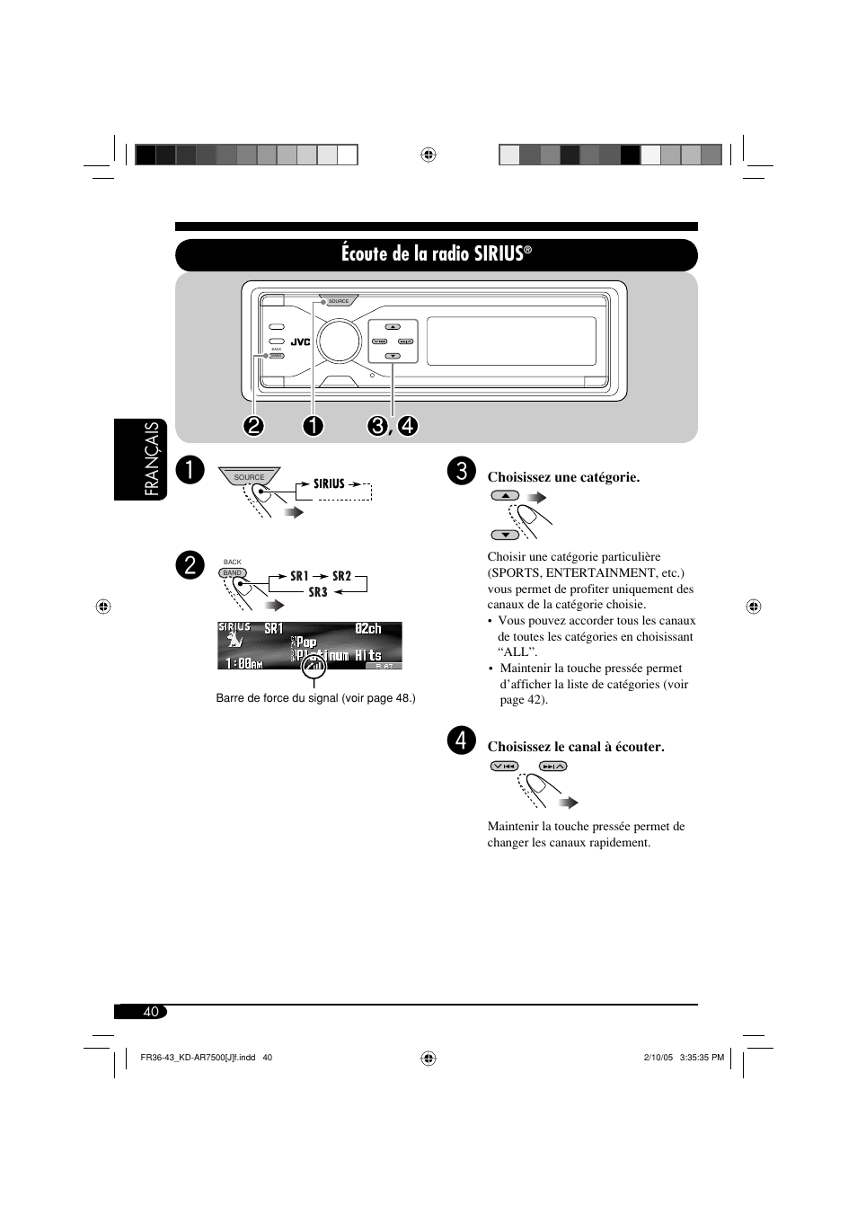 Écoute de la radio sirius, Fran ç ais | JVC KD-AR7500 User Manual | Page 144 / 159