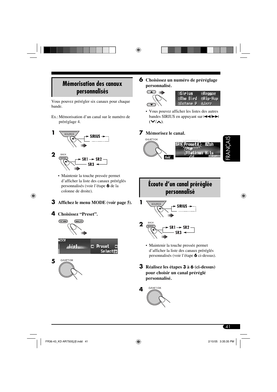 Mémorisation des canaux personnalisés, Écoute d’un canal préréglée personnalisé, Fran ç ais | JVC KD-AR7500 User Manual | Page 145 / 159