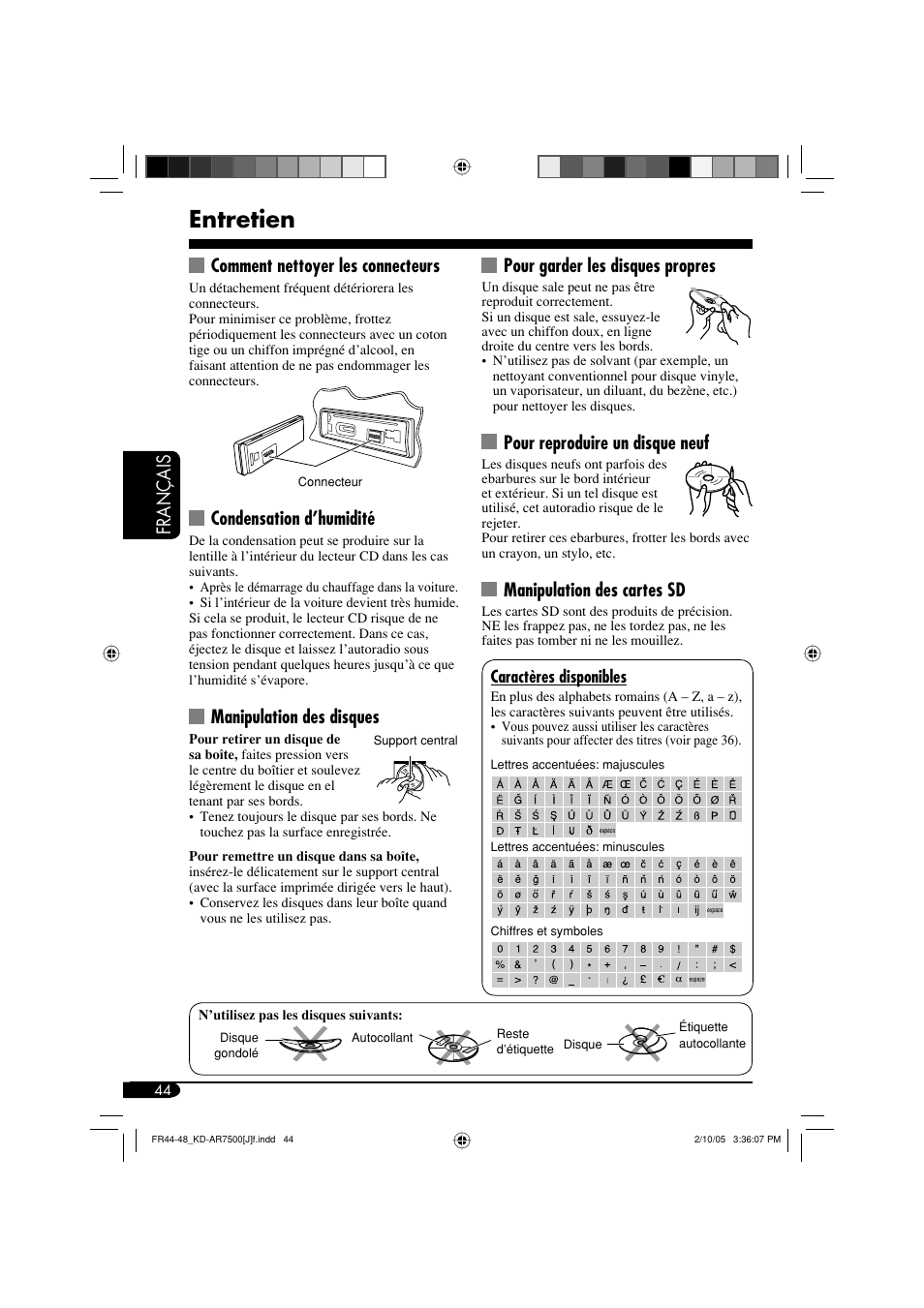 Entretien, Français pour garder les disques propres, Pour reproduire un disque neuf | Manipulation des cartes sd, Comment nettoyer les connecteurs, Condensation d’humidité, Manipulation des disques | JVC KD-AR7500 User Manual | Page 148 / 159