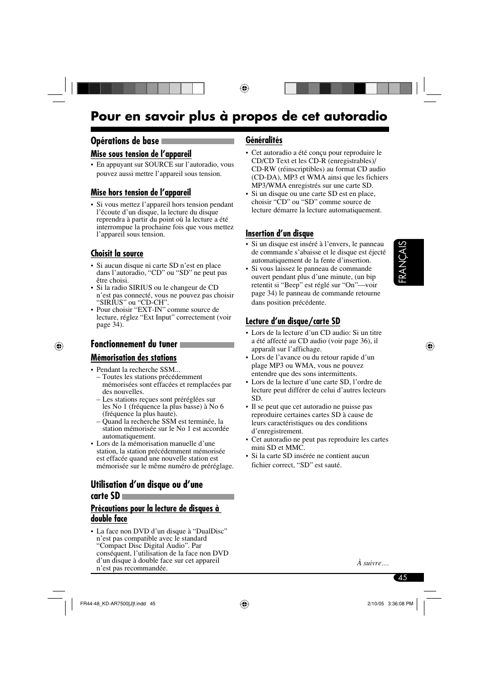 Pour en savoir plus à propos de cet autoradio, Fran ç ais, Opérations de base | Fonctionnement du tuner, Utilisation d’un disque ou d’une carte sd | JVC KD-AR7500 User Manual | Page 149 / 159