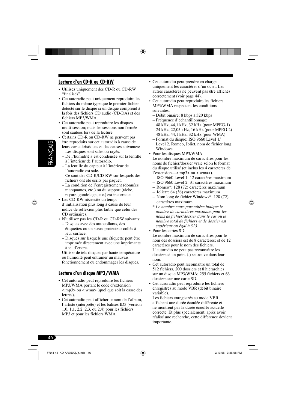 Fran ç ais | JVC KD-AR7500 User Manual | Page 150 / 159