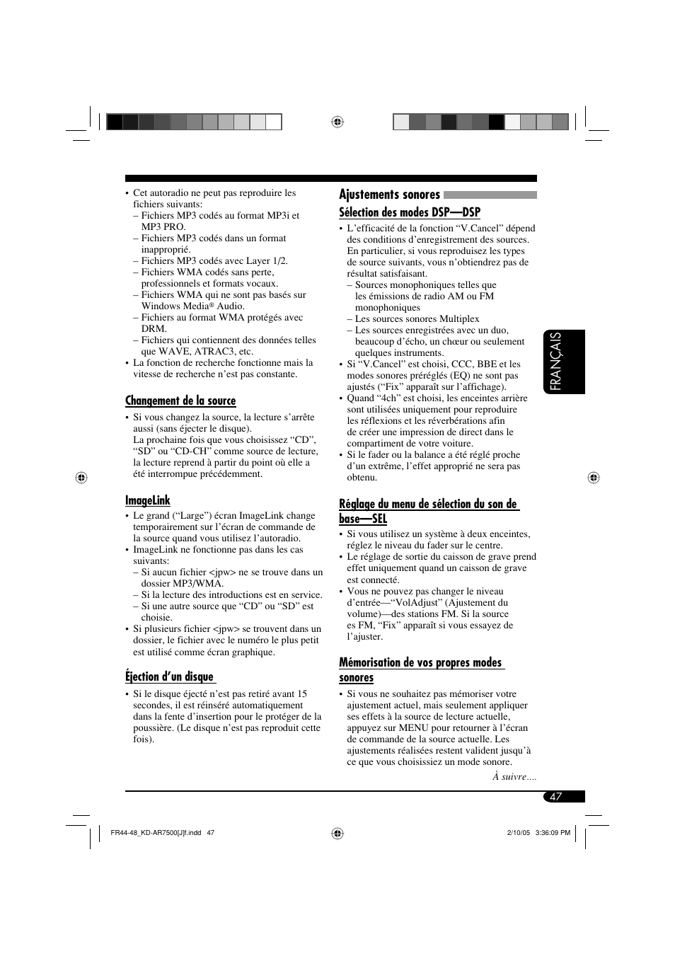 Fran ç ais, Ajustements sonores | JVC KD-AR7500 User Manual | Page 151 / 159
