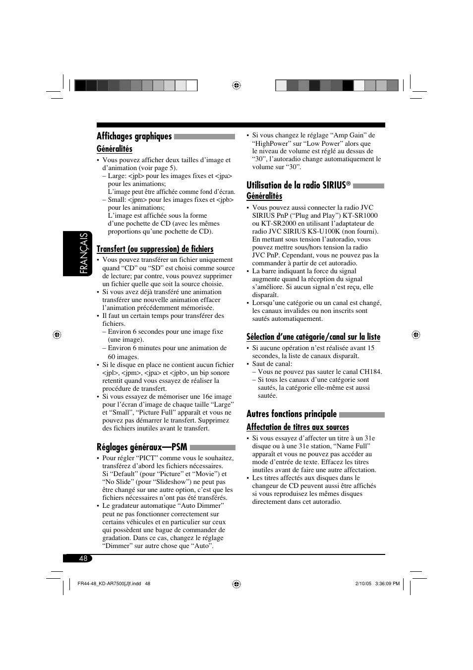 Fran ç ais, Utilisation de la radio sirius, Autres fonctions principale | Affichages graphiques, Réglages généraux—psm | JVC KD-AR7500 User Manual | Page 152 / 159