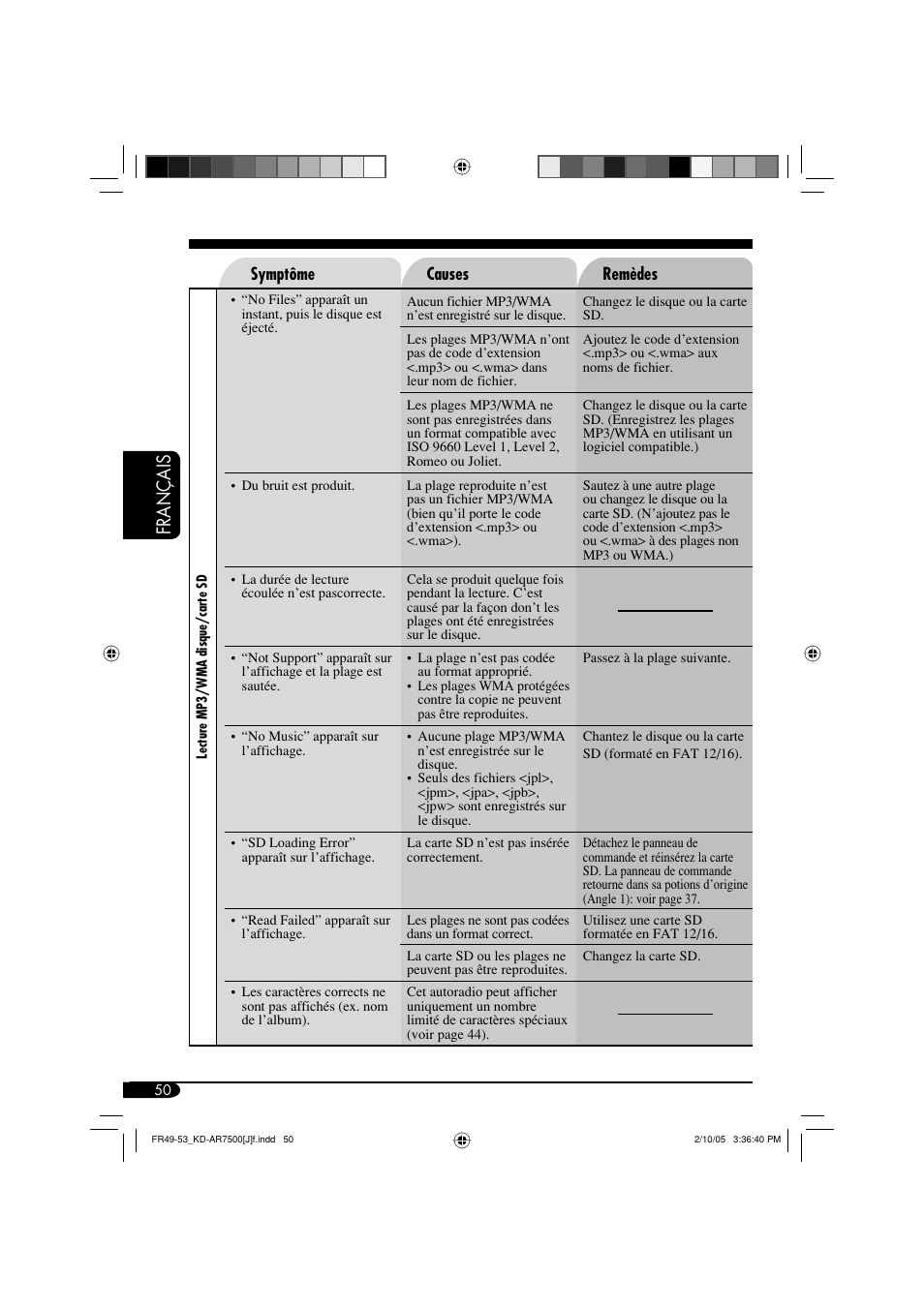 Fran ç ais | JVC KD-AR7500 User Manual | Page 154 / 159