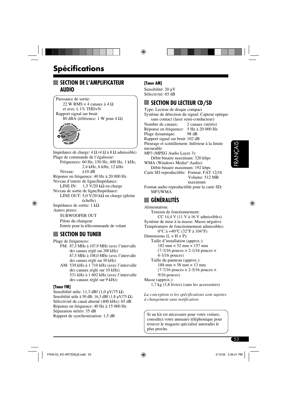 Spécifications, Fran ç ais, Généralités | JVC KD-AR7500 User Manual | Page 157 / 159