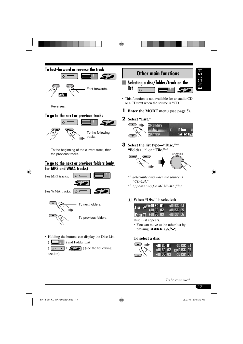 Other main functions, English, Selecting a disc/folder/track on the list | JVC KD-AR7500 User Manual | Page 17 / 159