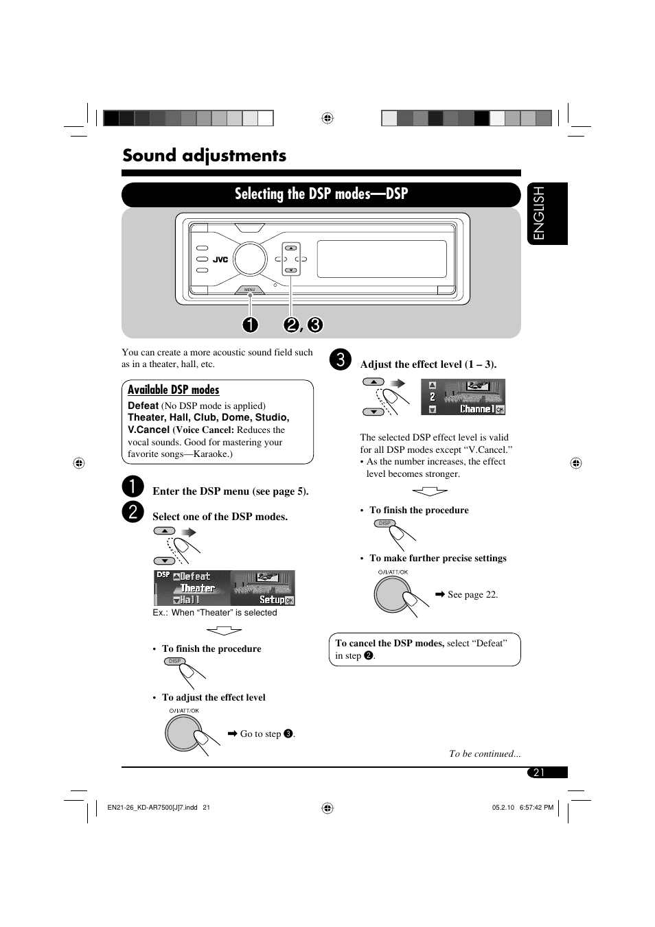 Sound adjustments, Selecting the dsp modes —dsp | JVC KD-AR7500 User Manual | Page 21 / 159