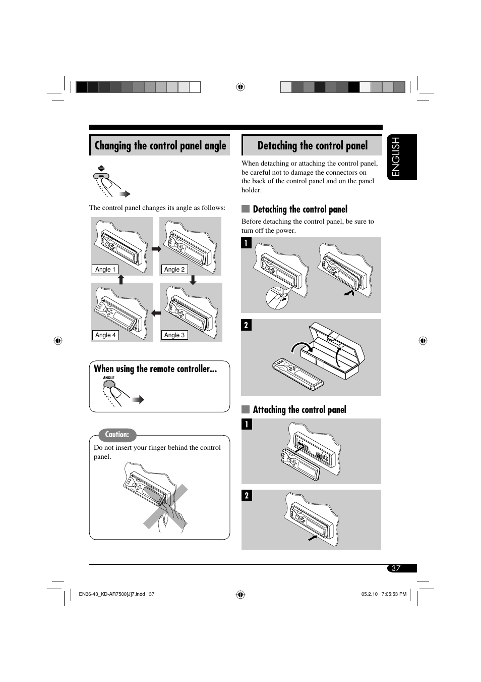 Detaching the control panel, Changing the control panel angle, English | Attaching the control panel, When using the remote controller | JVC KD-AR7500 User Manual | Page 37 / 159