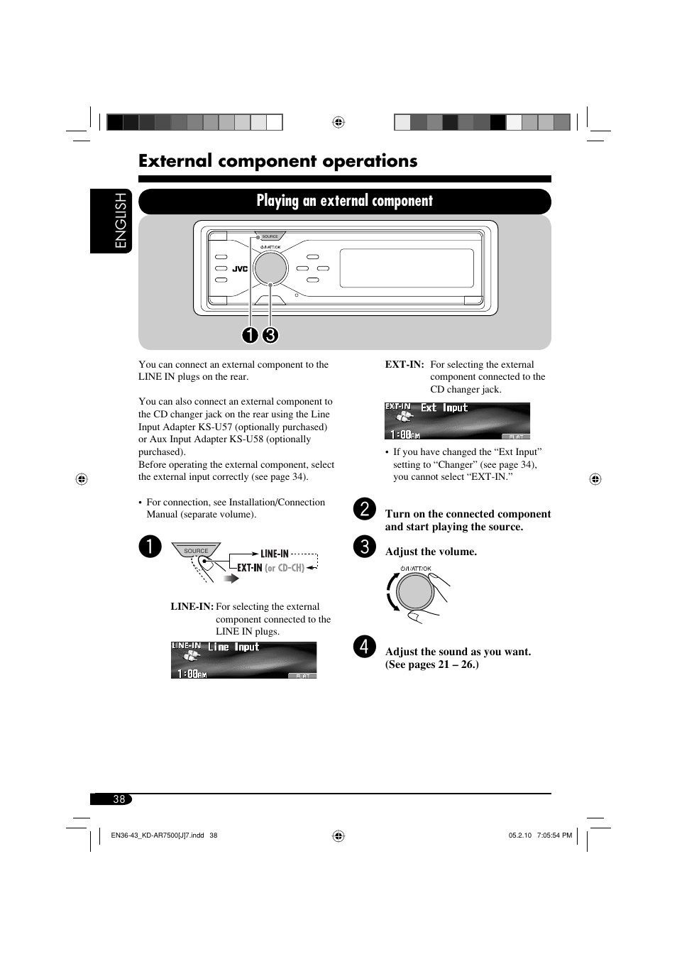 External component operations, Playing an external component | JVC KD-AR7500 User Manual | Page 38 / 159