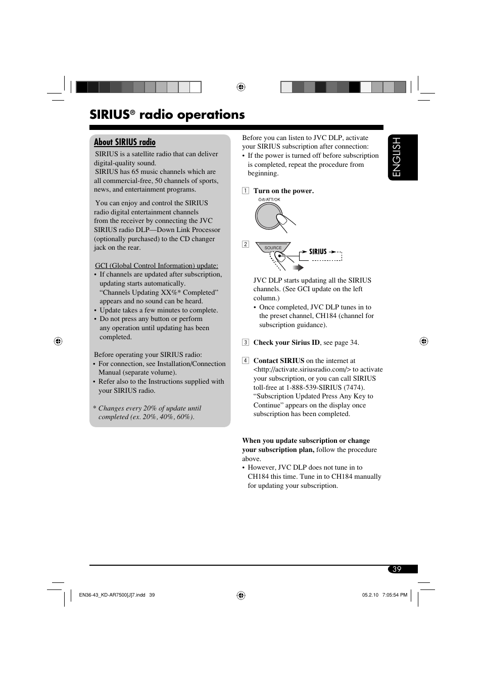 Sirius, Radio operations, English | JVC KD-AR7500 User Manual | Page 39 / 159